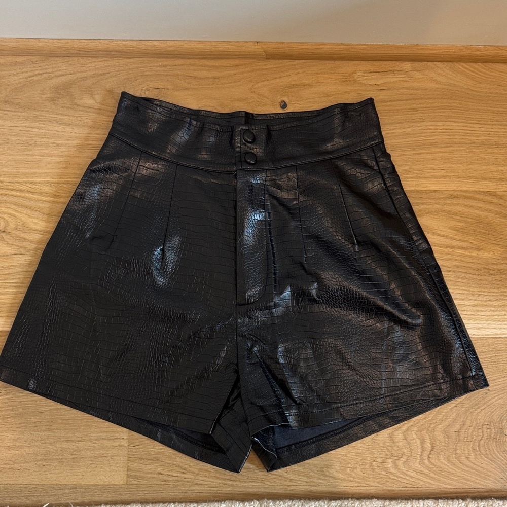 Princess Polly Textured Black High-Waist Pleather Leather Shorts